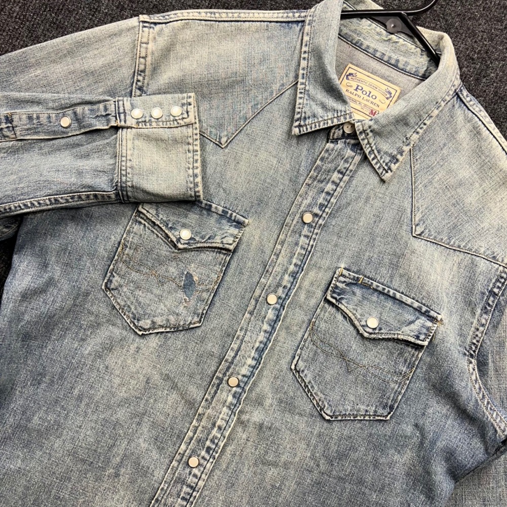 Polo Ralph Lauren Mens Western Denim Shirt Distressed Pearl Snap Blue Size M